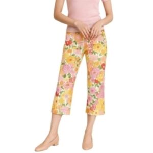 Vintage Pink Yellow Retro Floral Flower Power High Rise 60s 70s Crop Pant